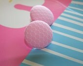 Pale pink fabric button earrings white fishnet soft cotton handmade post for pierced ears