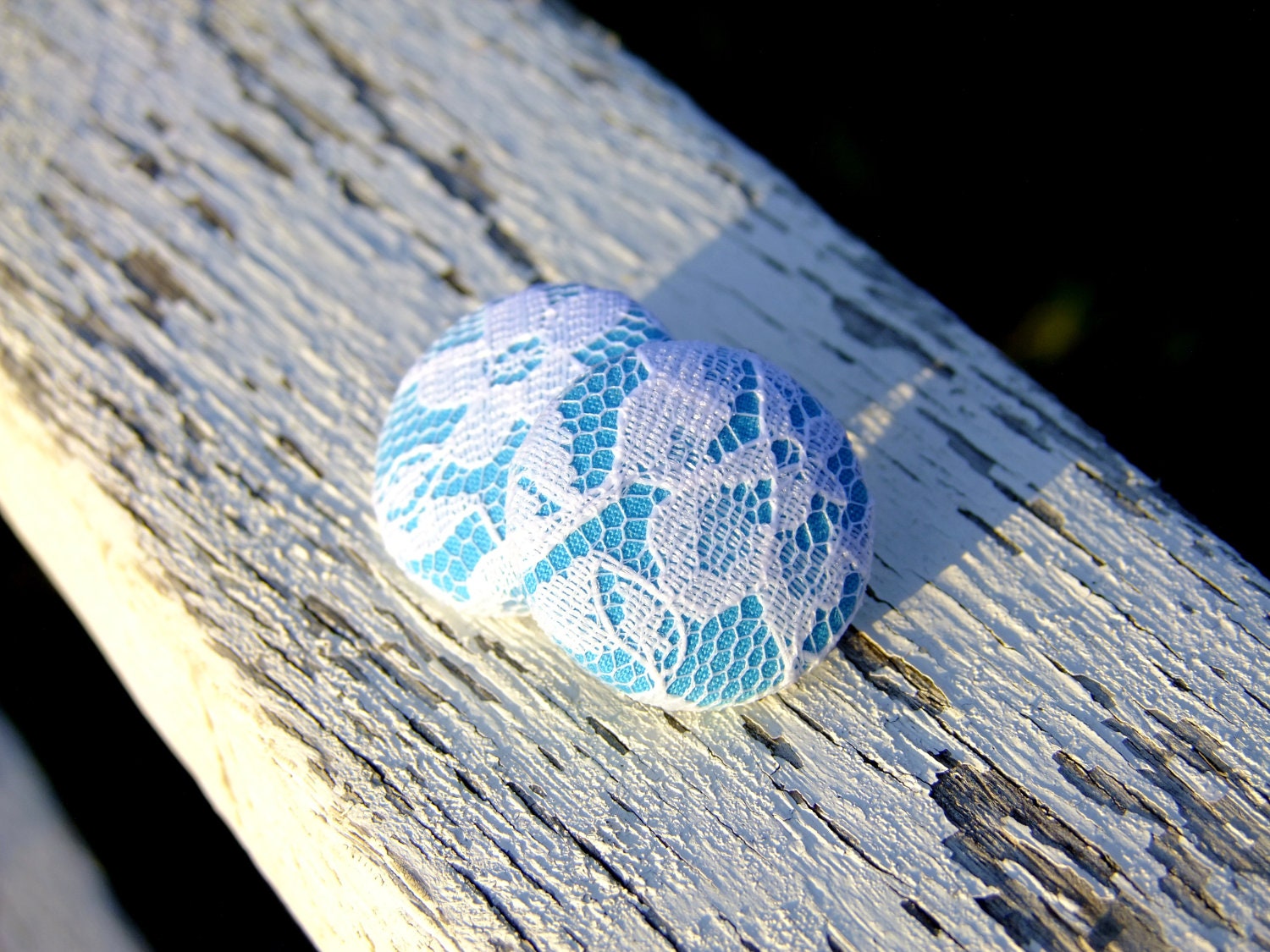 Bright blue earrings white lace overlay solid fabric button turquoise round pretty handmade post for pierced ears