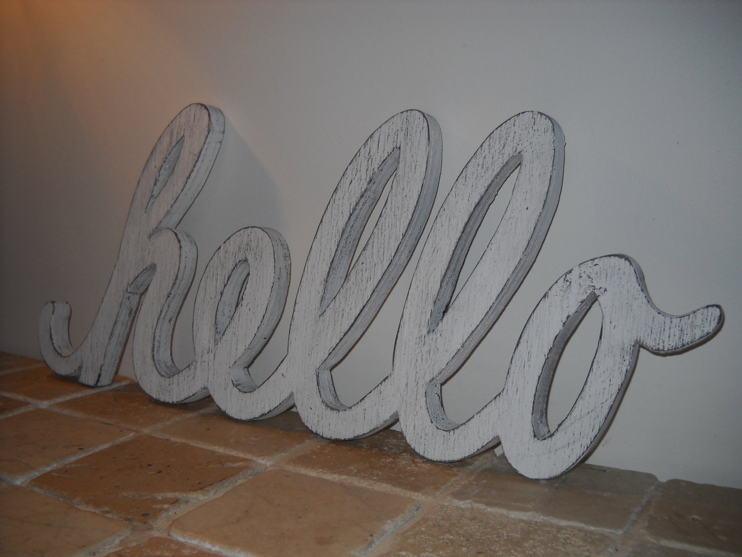 wood sign Hello sign typography shabby chic cottage chic vintage inpired white distressed sign