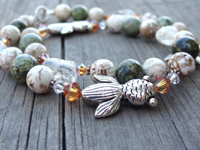 Fish Quartz Crystal, White Turquoise, Green Tea Jasper Silver handmade Bead Necklace