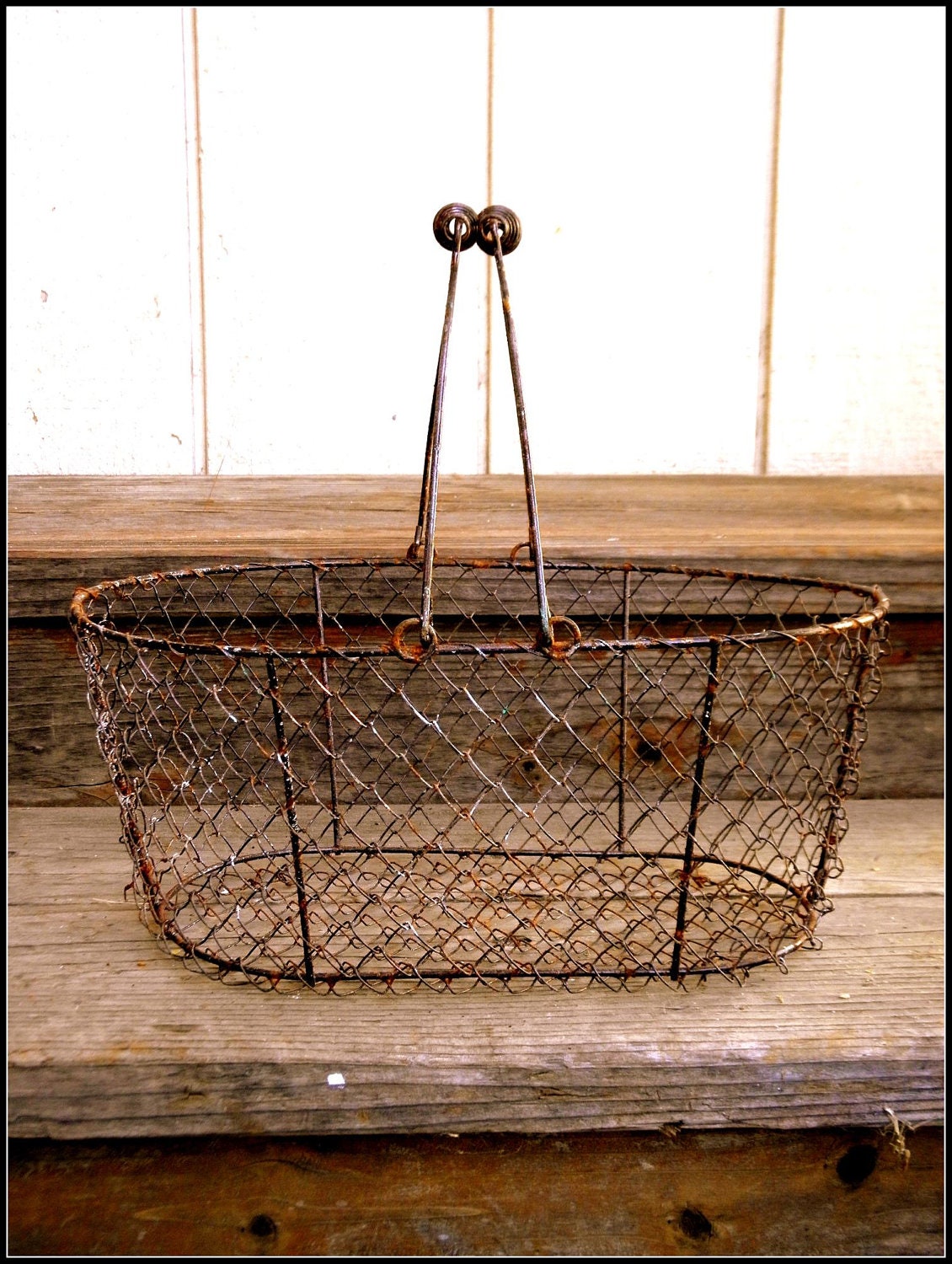 Oblong Gathering Primitive Chicken Wire Style Naturally Rusted Basket with swing handles