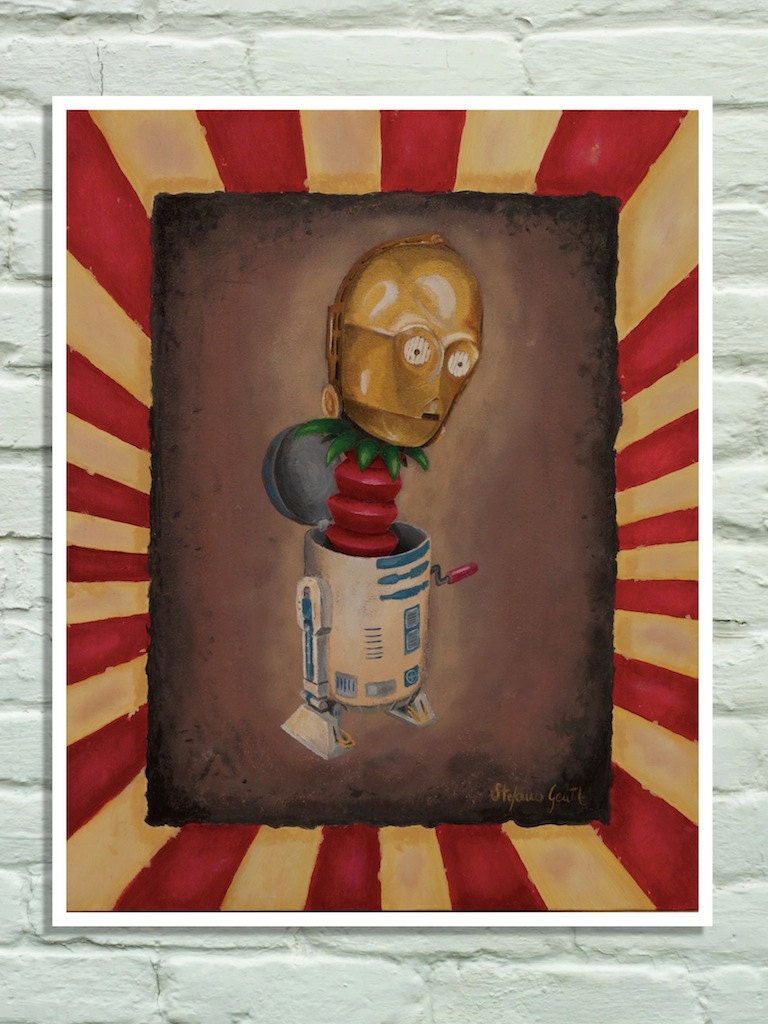 Poster - Star wars inspired. From my original acrylics painting "Droids circus", with C-3PO and R2-D2 as a jocker box