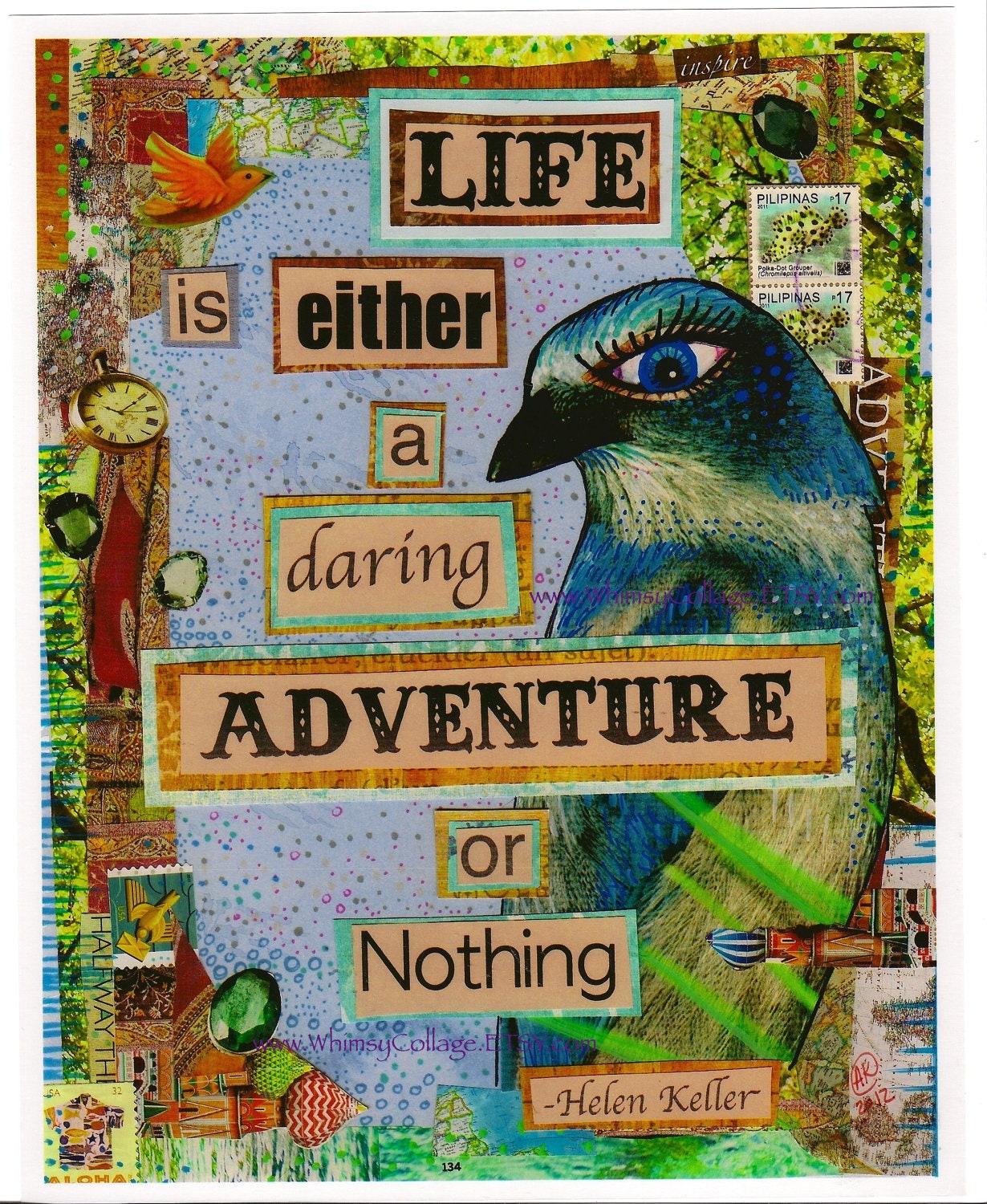 Print - Life is Either a Daring Adventure or NOTHING - Helen Keller Quote -Bird Art from Allie Kelley - 8 x 10 Print