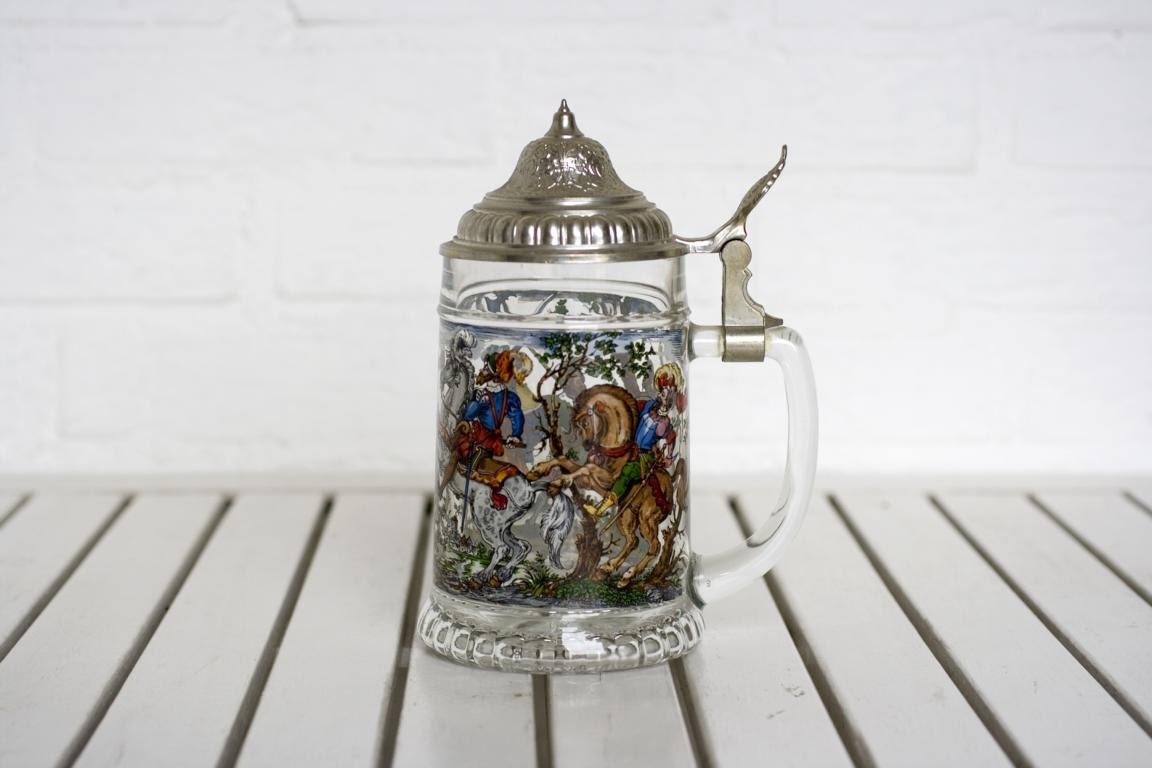 Vintage German Glass Beer Stein Tankard Hinged Pewter Lid - Battle Parade Scene