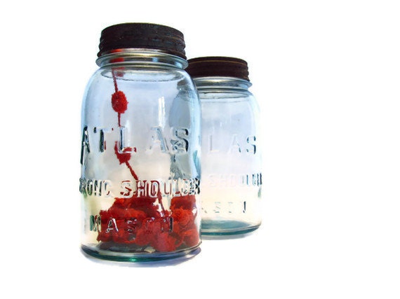 Vintage Atlas Strong Shoulder Blue Mason Jar Bottle with Red Pom-Pom