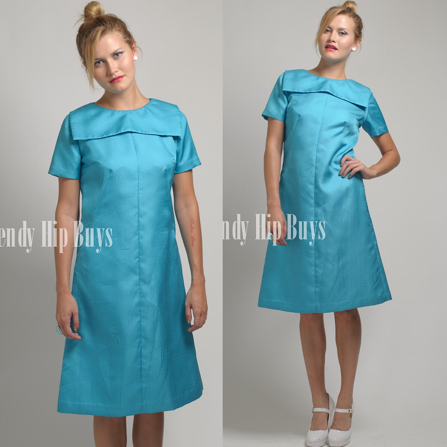 Vintage 60s MOD Turquoise Bib Pan collar Short Sleeve Shift Dress - S/M