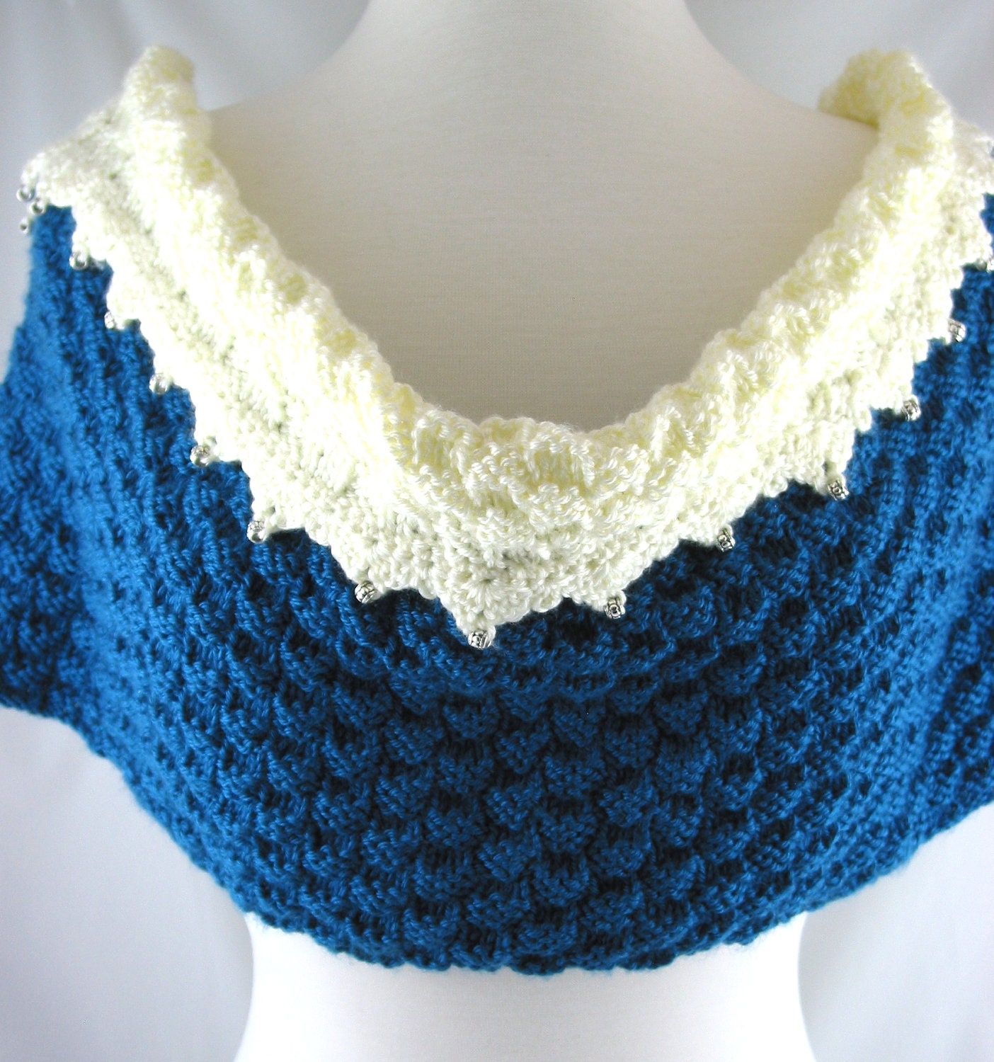 Teal and Off White, Beaded Edge Infinity Scarf & Shawl
