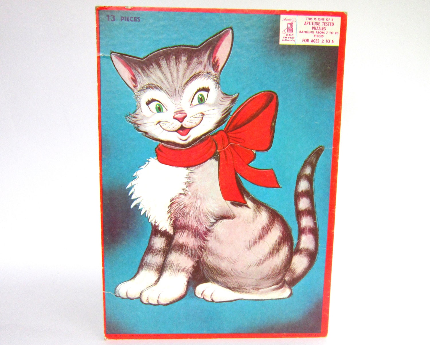 Large 1957 Milton Bradley Cat Puzzle, Gray & White Tabby with Red Bow, Vintage 13-Piece Tray Puzzle