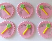12 Fondant edible cupcake toppers - Fairy tale star wand with sparkling silver glitter
