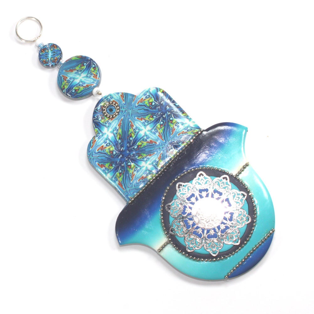 Wall decor Hamsa, Polymer clay Hamsa, Good fortune Hamsa in blue, white, turquoise and green