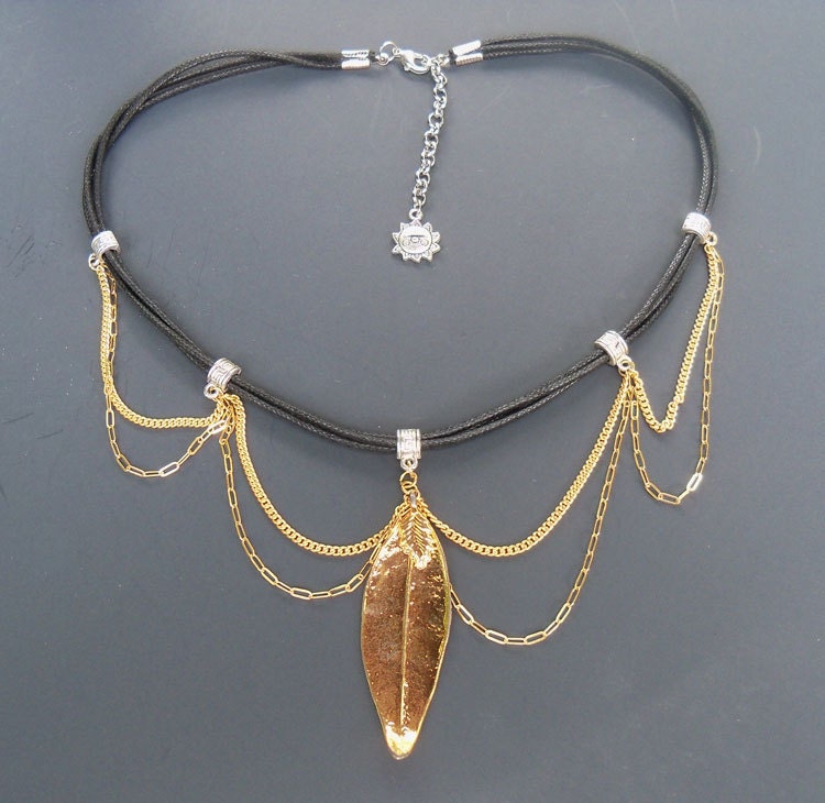 18K Gold Filled, draped, necklace,18K gold filled leaf charm, 18K gold leaf, leaf, charm, leather, leather cord