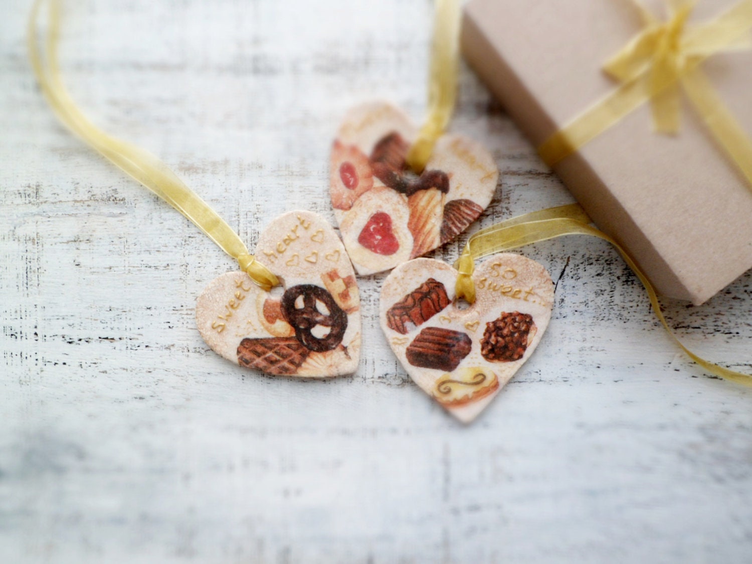 Set of 3 chocolate heart ornaments sweet home decor rustic shabby chic kitchen decor cake brown ivory red yellow gold