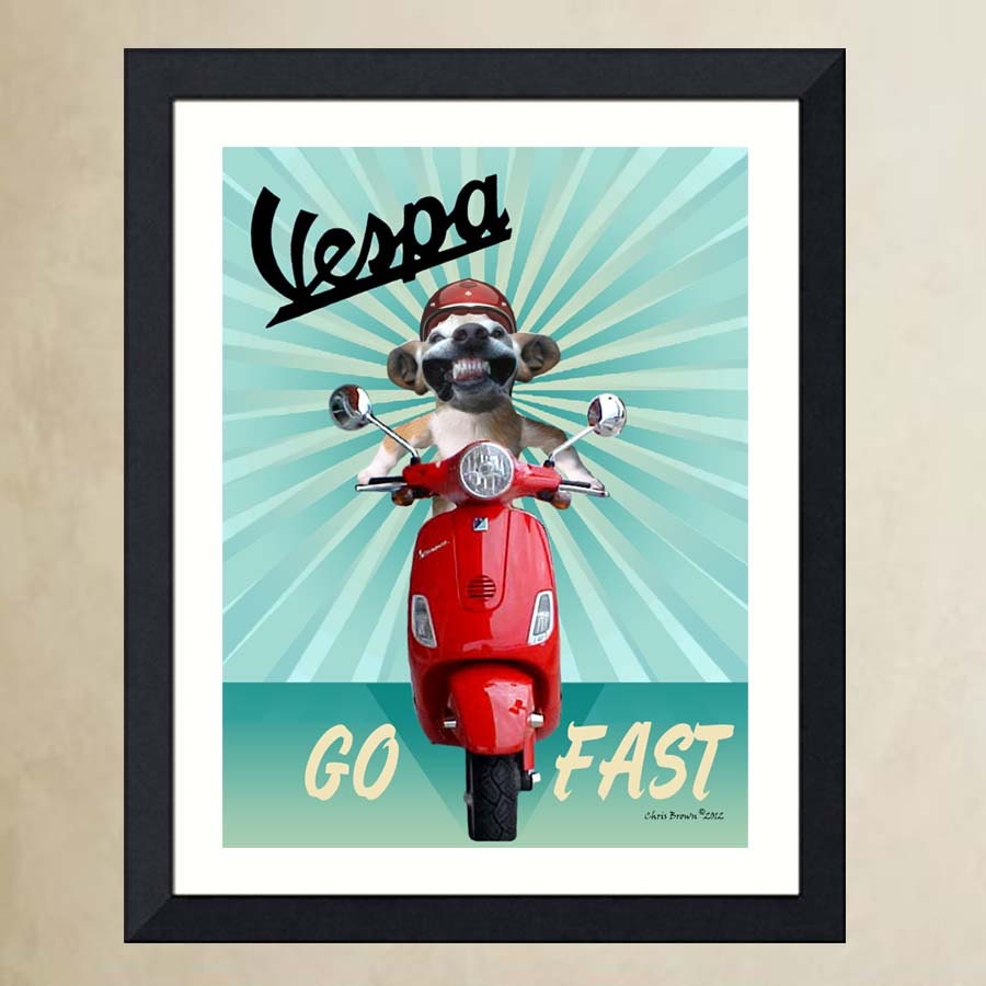 Art Print: -  "Vintage Dog Vespa Poster" -  Vespa lovers, gift for her, gift for him, whimsical, hipster, geek gift