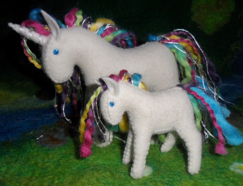 Mother and baby wool felt unicorns / horses: Waldorf wool toy animal pony soft plush girl rainbow children birthday pretend play