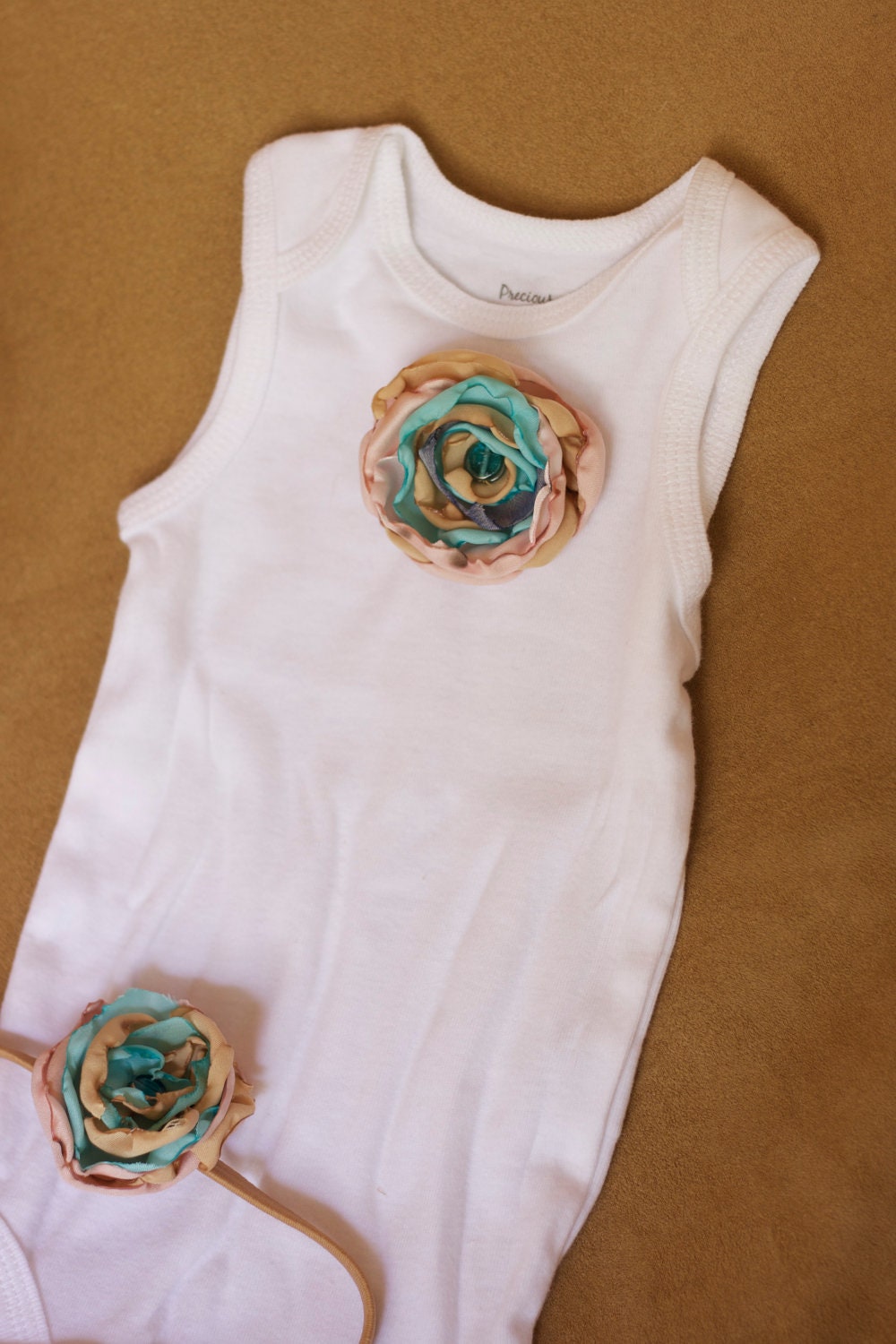Fabric flower rosette onesie tan, pink, teal with beaded center matching headband 3mo photo prop baby bodysuit pageant easter outfit