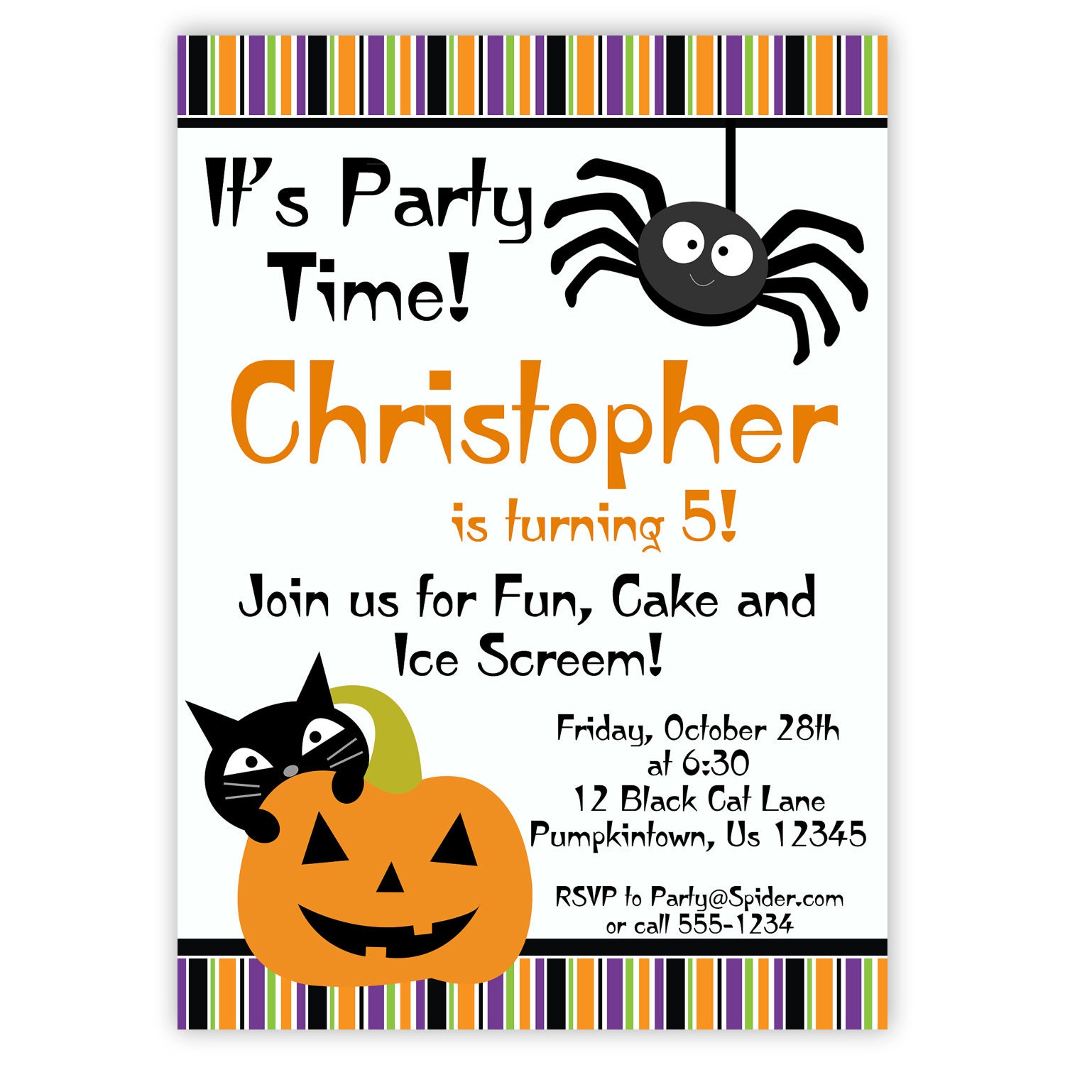 Halloween Invitation - Green Purple Stripes, Spider, Black Cat, Orange Pumpkin Personalized Birthday Party Invite - Digital Printable File