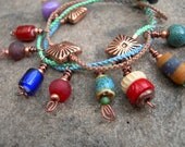 Macrame Charm Bracelet, Boho Beaded Charm Bracelet, Copper Wire Wrapped Beads Bracelet