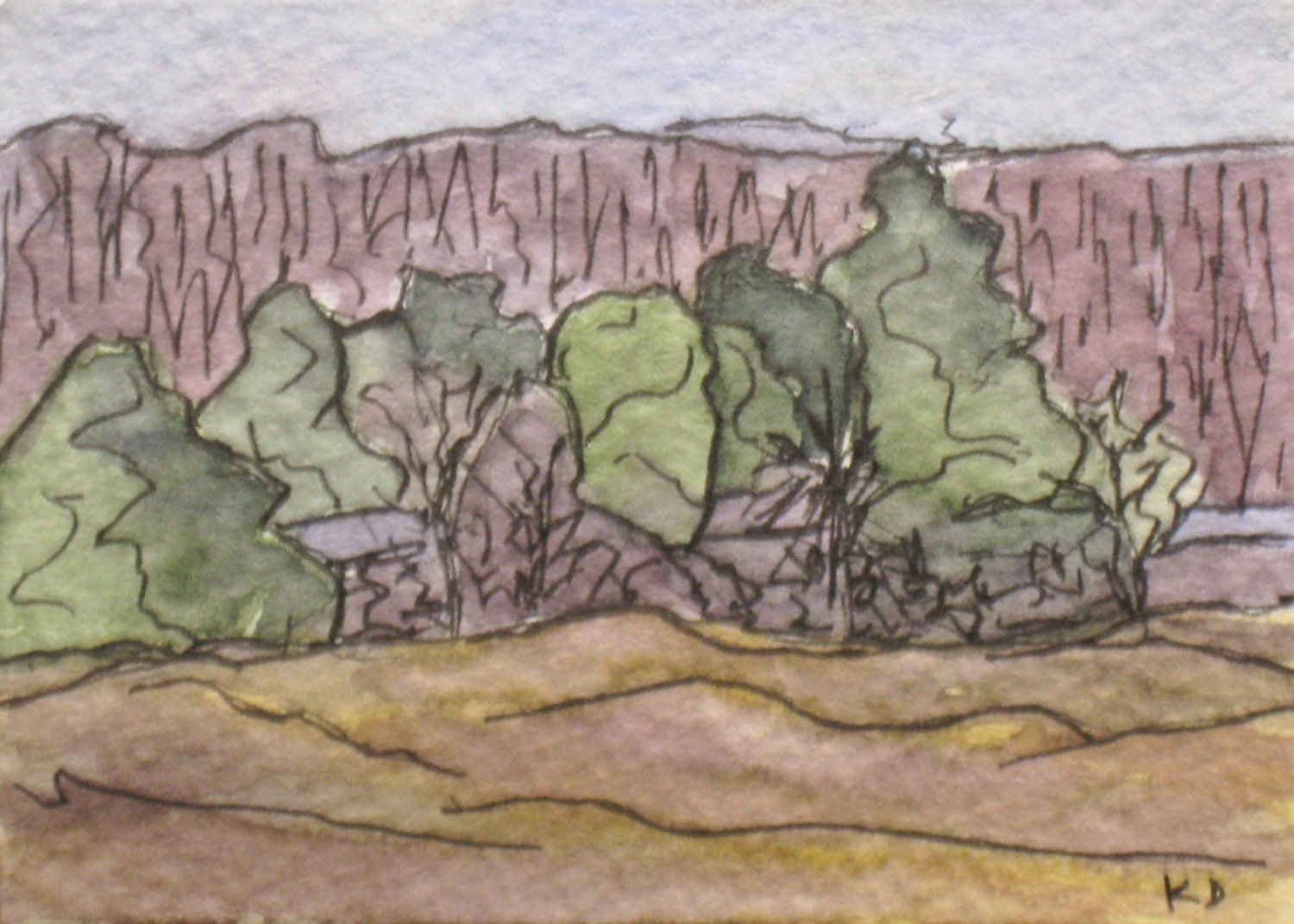 Maine Landscape Painting. Original Plein Air Watercolor with pen and ink by Kathleen Daughan, "Gilsland Audubon Farm", Maine. ACEO Art