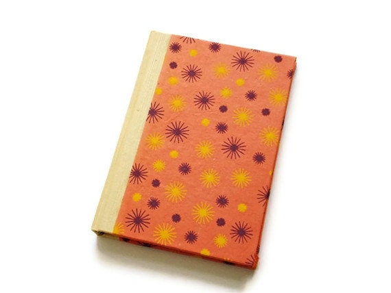 Handbound Notebook Journal - Case Binding - Cream Bookcloth, Peach Paper with Sparkle Stars - Great Stocking Stuffer