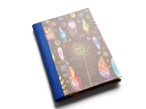 Quarter Leather Jotter - Handbound Journal - Multicolored Feathers with Royal Blue Leather Covering the Binding