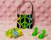 Barbie Clothes - Green Peace Sign Purse, Hair band, and High Heel Shoes - Handmade