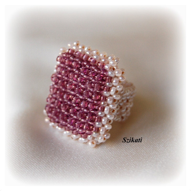 Beaded beige & eggplant seed bead Right Angle Weave ring, OOAK jewelry, beaded jewelry, seed bead jewelry, elegant jewelry