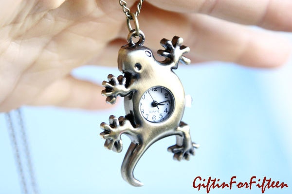 Count Me In - Bronze Tone Lizard Pocket Watch Necklace Nerdy Jewelry OOAK Gifts For Under Fifteen Dollars by Giftin For Fifteen