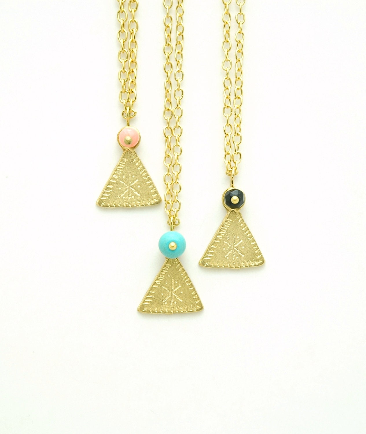 Matte Gold Plated Tribal Triangle Minimalist Necklace - Turquoise , Pink Coral , Black Naturel Stone Choices - Delicate Jewelry