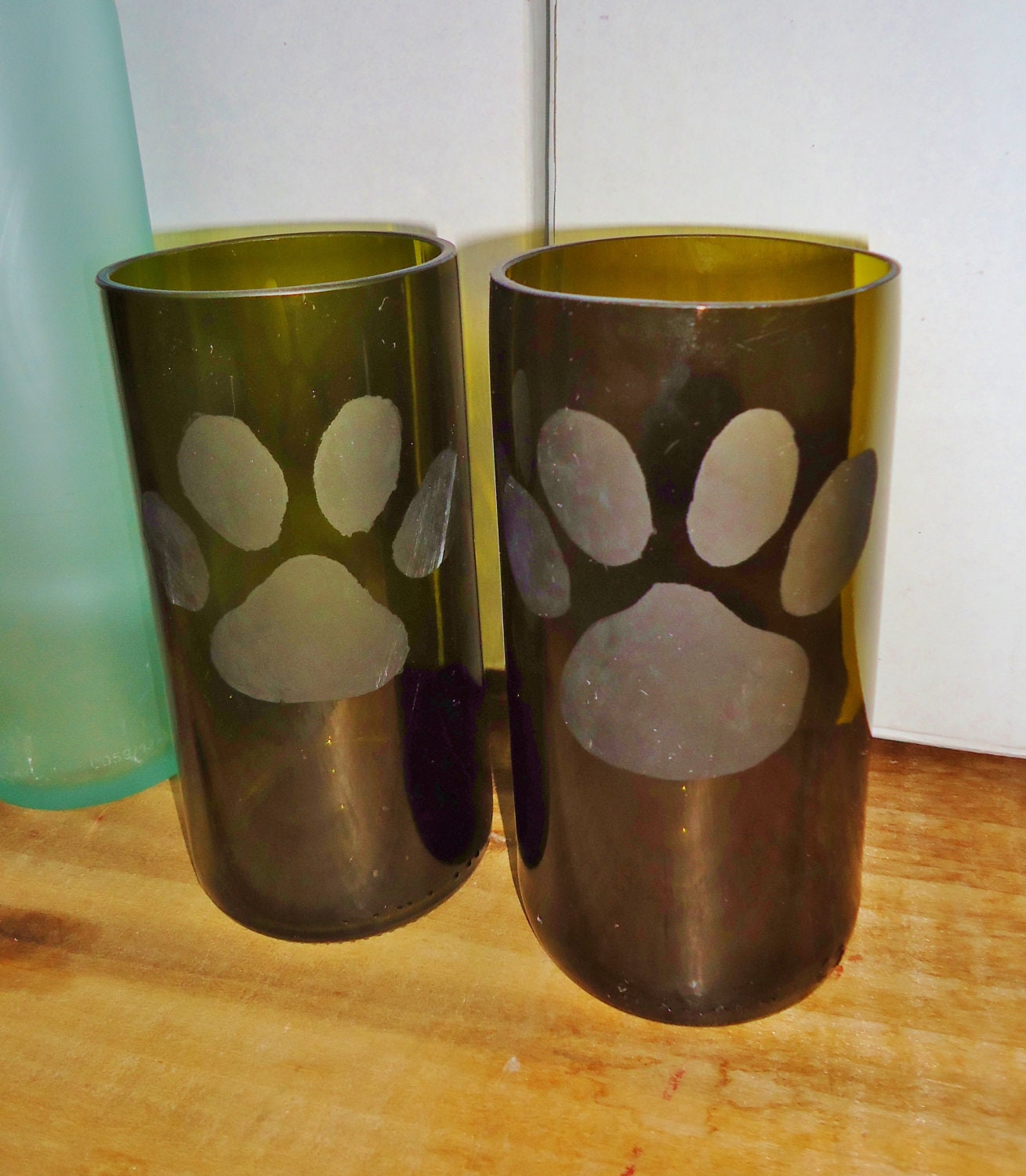 Recycled Wine Bottle Glasses with Hand Etched Paw Prints Set of 2
