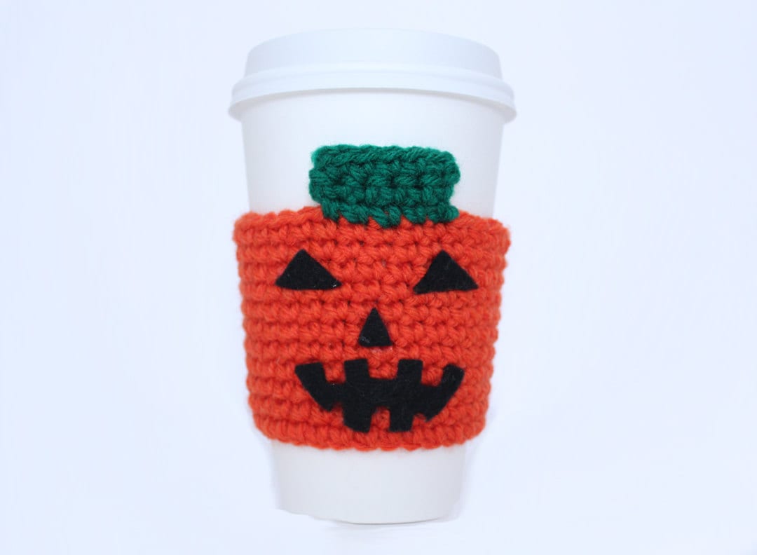 Pumpkin coffee cozy Halloween crochet cup sleeve