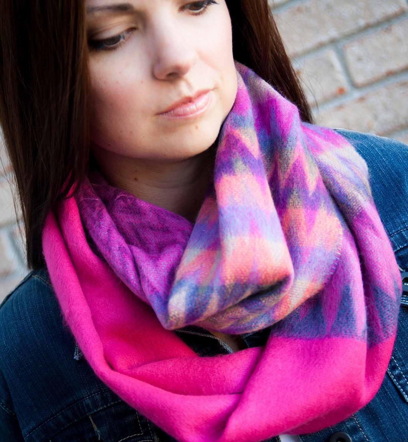 Infinity Scarf - Cozy Warm Infinity Scarf, Color Block Scarf, Chunky Circle Scarf in Hot Pink, Black or Orange