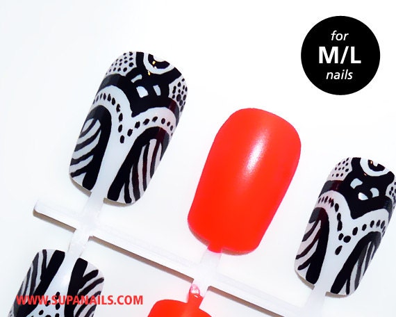 Red between the Lines  -12 black / white tribal, boho chic, art deco nails with neon red highlight (M/L)