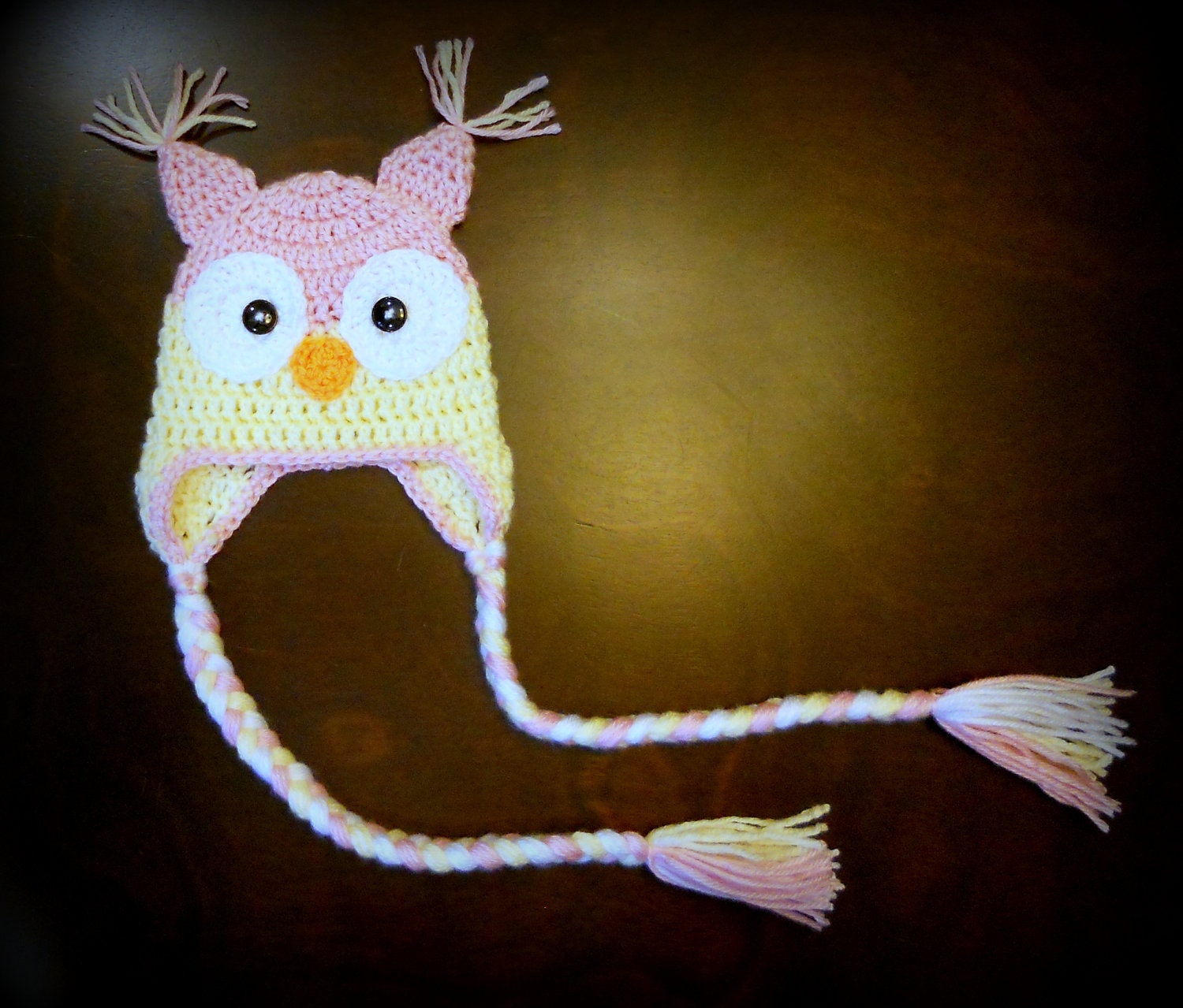 Pink & Yellow Owl Earflap Handmade Custom Crochet Beanie Hat Newborn Baby Photo Prop