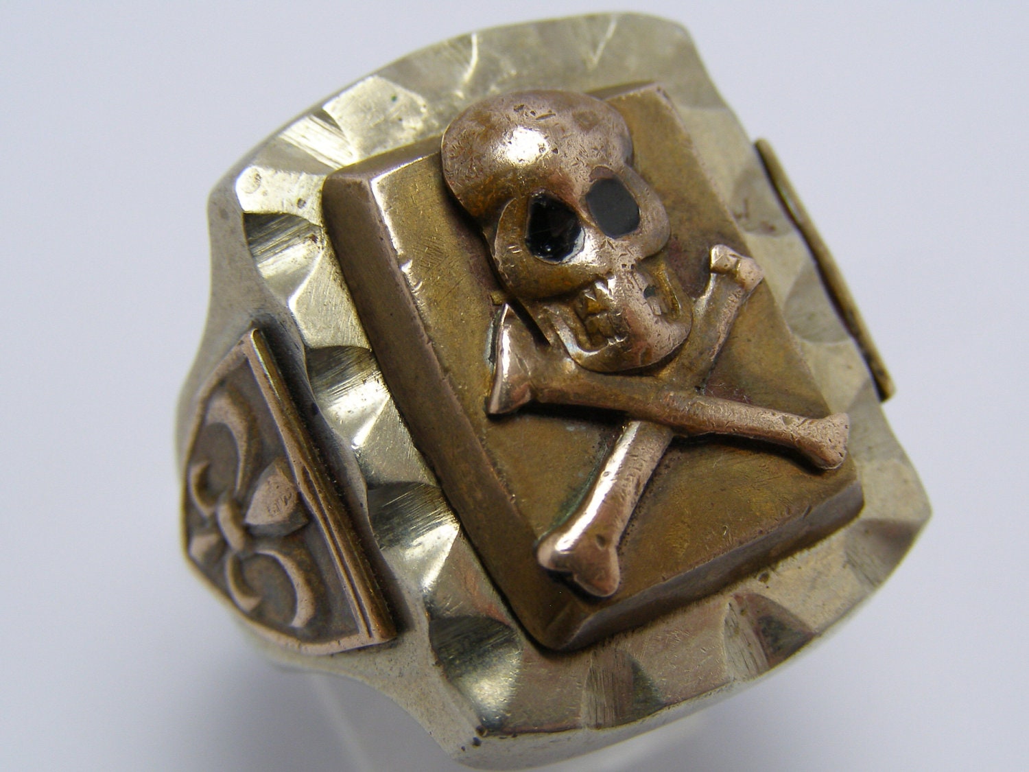 RESERVED for Jimmy - Vintage Antique Mexican Mexico Biker Skull and Crossbones Ring 1930's or 1940's Fleur De Lis Shields