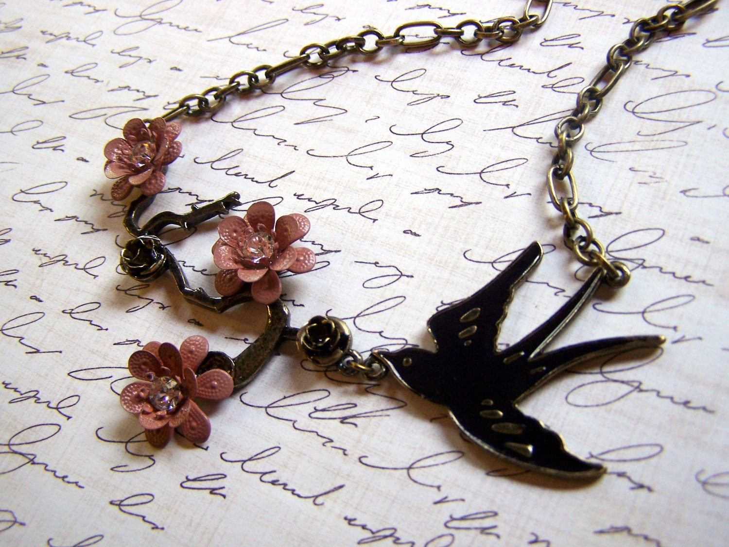 Lovely Soaring Bird, Detailed Branch and Mauve Metal Flower Necklace