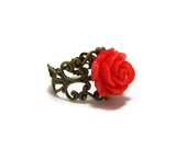 Romantic Red Rose Resin Cabochon Flower Antiqued Brass Filigree Adjustable Ring / Gift for Her