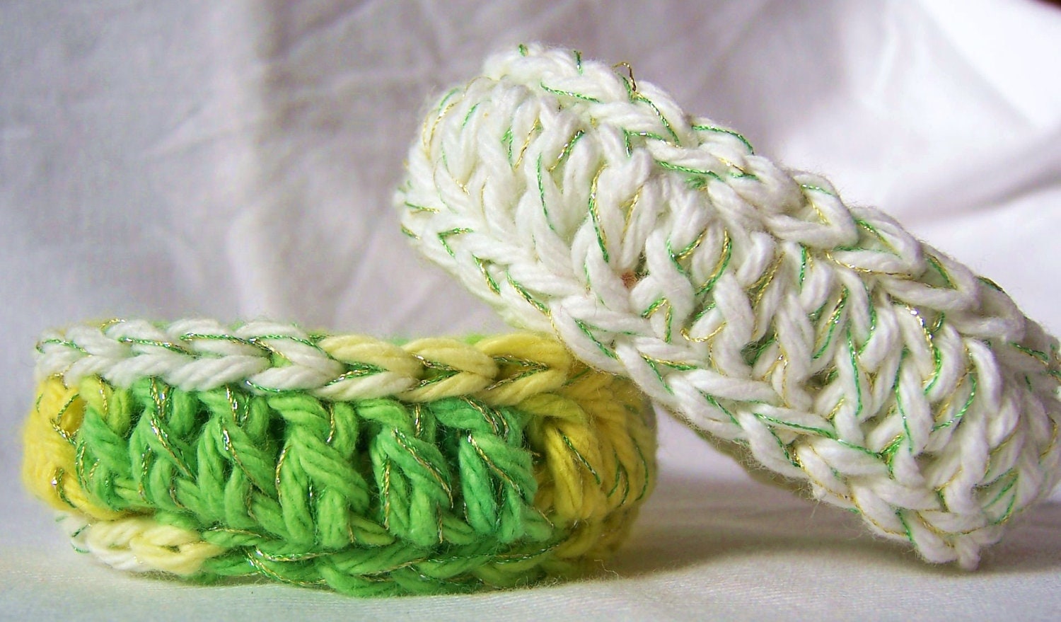 Cotton Crochet Fiber Bangle Bracelets with Soft Metallic Thread Bright White and Variegated Citrus Set of Two
