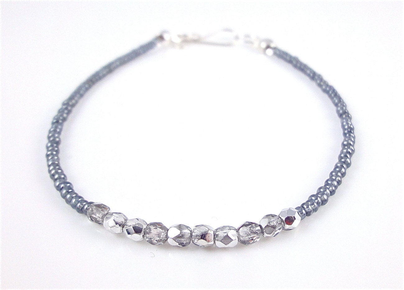 Dainty bracelet, icy silver grey tiny beads and metallic silver Czech crystal beads, thin bracelet, minimalist jewellery
