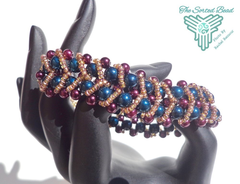 Beaded Bracelet, Double Right Angle Weave, Teal and Burgundy, Rose Gold Accents
