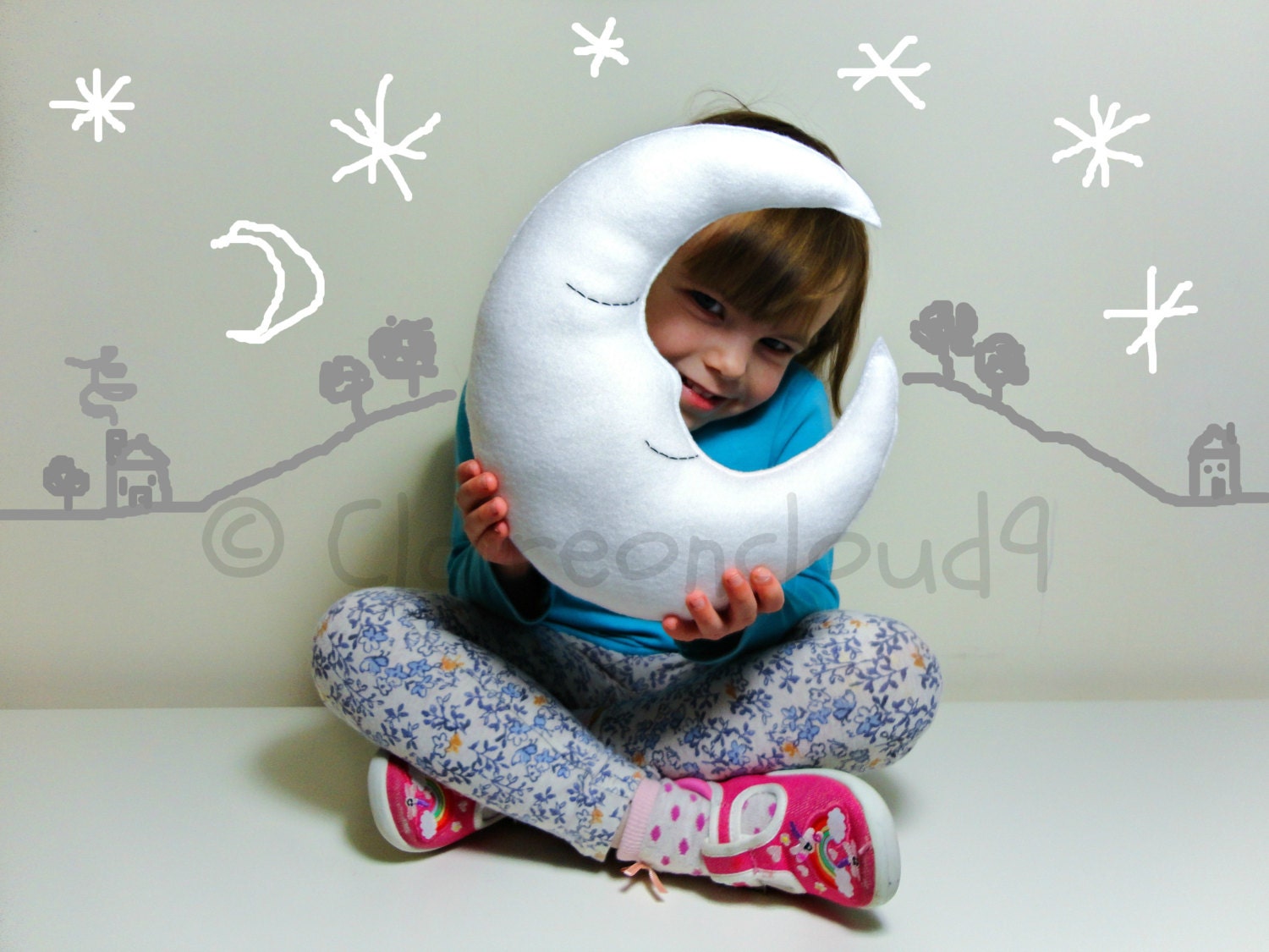 MR SLEEPY MOON - White Pillow Cushion Baby Nursery Kids Bedroom Home Decoration