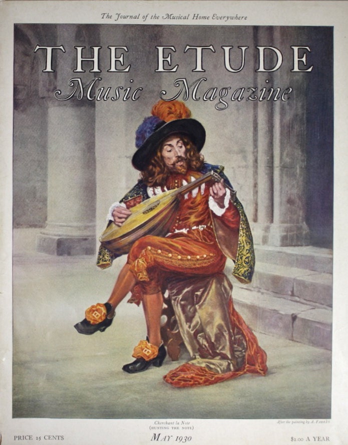 Vintage Magazine Cover Illustration / 1930 Etude / Minstrel and Mandolin / Musician in Costume / Home Decor / Art Print Illustration