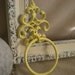 Hand Towel Ring - Fleur de lis Holder - Pale Yellow Distressed Cast Iron - Bathroom Metal Fixture - Accessory Rack - Shabby Chic