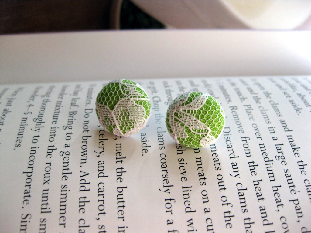 Fabric Green Lace Button Earrings-Made to Order