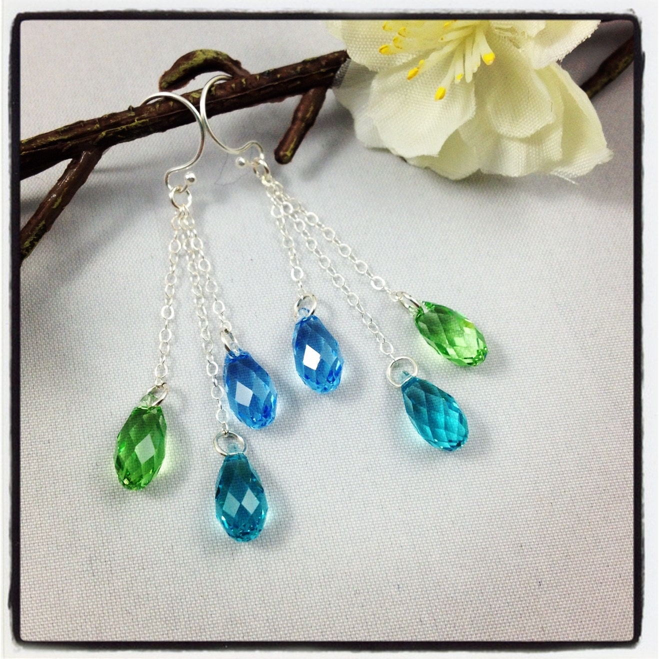 Green & Blue Swarovski Crystal Earrings, Sterling Silver, Long Chain, Dangle, Briolette Drop, Bridal/Wedding Jewellery