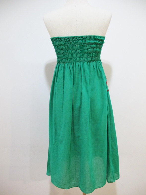 Embroidered Mexican Sundress Cotton Strapless in Green with Lining