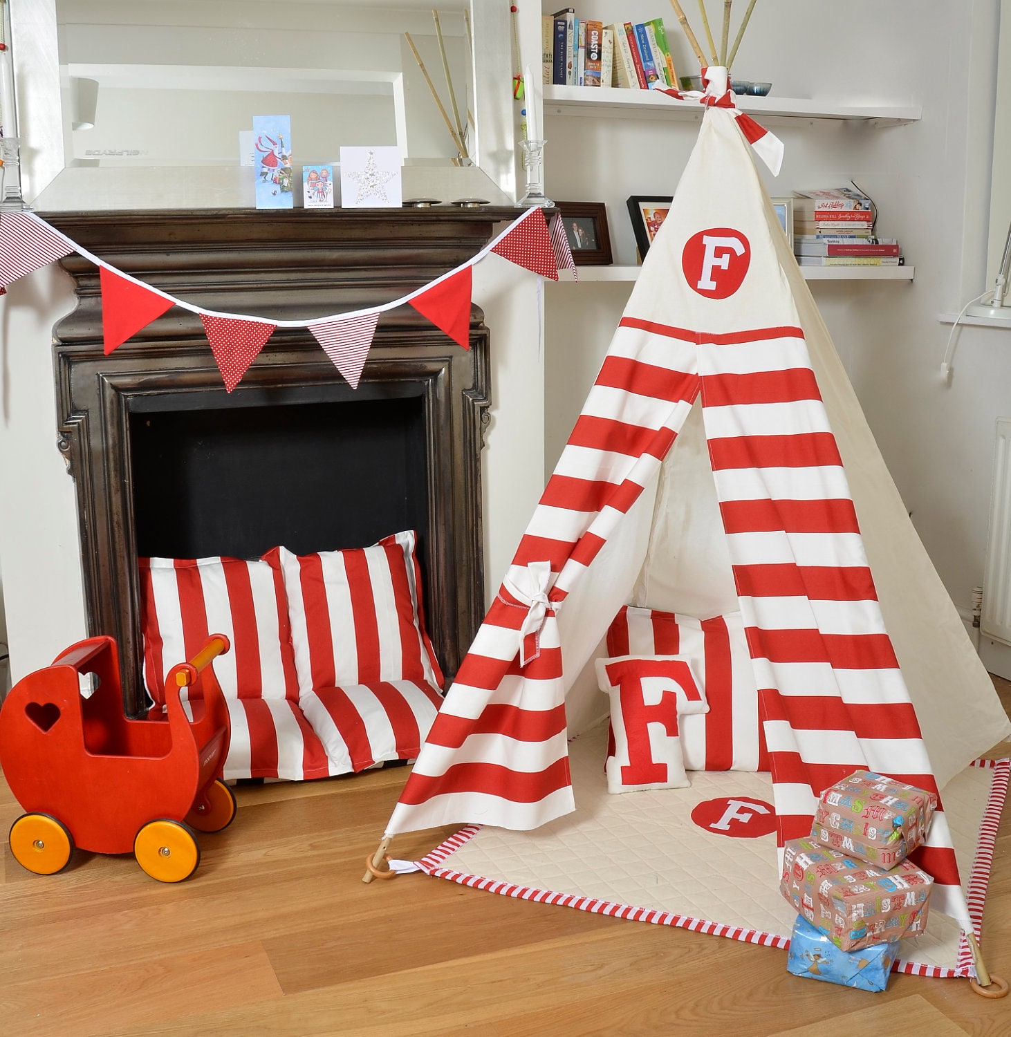 Teepee Play Tent - Tipi - Personalized Red and White Stripe