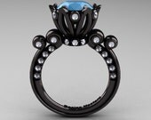 French Antique 14K Black Gold 3.0 Carat Sleeping Beauty Turquoise Diamond Solitaire Wedding Ring Y235-14KBGDSBT
