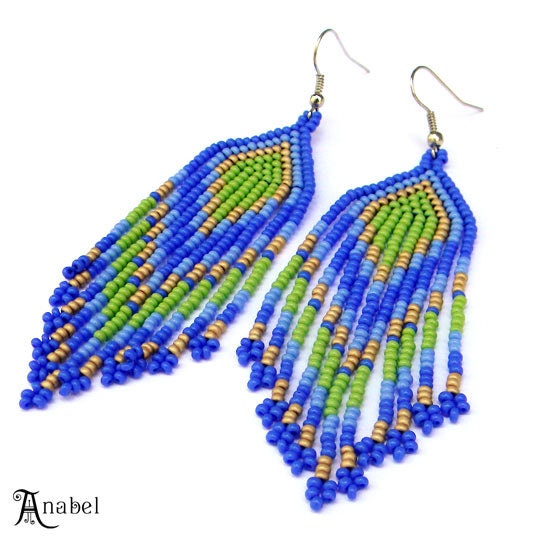 Blue, Green and Beige Native American Style Seed Bead Earrings