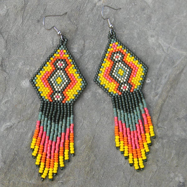 Colorful Native American Style Seed Bead Earrings with original design in yellow, orange, green tones
