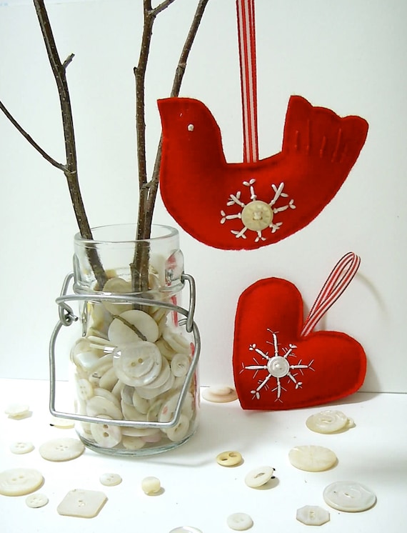 Christmas tree ornaments red felt bird & heart by BirdintheWoods